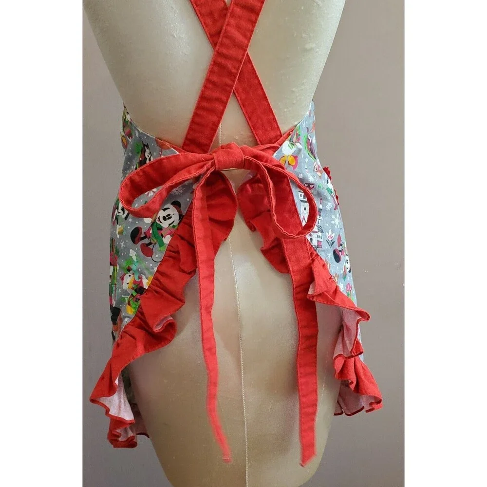 Disney Parks Christmas Apron Red Gray Ruffle Heart Pocket Cross Back Straps Full